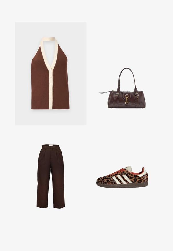 Hnědý žebrovaný halter top s hlubokým V-výstrihom, krémovým lemem a předním zapínáním na pět knoflíků. Měkká textura.; Kalhoty s vysokým pasem, široké a tmavě hnědé, s poutky na pás a předními řaseními, vystavené na bílém pozadí.; Tenisky se vzorem leopardí kůže, z suédového materiálu, s červenými tkaničkami a třemi bílými pruhy na boku. Má krémovou jazyk a hnědou podrážku.; Tmavě hnědá kožená kabelka s dvěma horními držadly, zlatými kováními, detailním předním zapínáním a prošívanou texturou na bocích.; Stradivarius SET - Náramek - dark brown