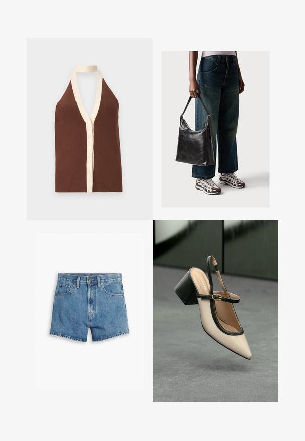 Brown ribbed halter top featuring a deep V-neck, cream-colored trim, and a button-down front with five buttons. Soft texture.; Denim shorts in light blue, featuring five pockets, a zip fly, and a button closure. The hem is frayed with a relaxed fit design.; Beige pointed-toe slingback shoe with black trim, gold buckle, and a chunky block heel on gray floor with dark green background.; Black leather shoulder bag with a smooth texture and adjustable strap, paired with faded wide-leg jeans and athletic sneakers.