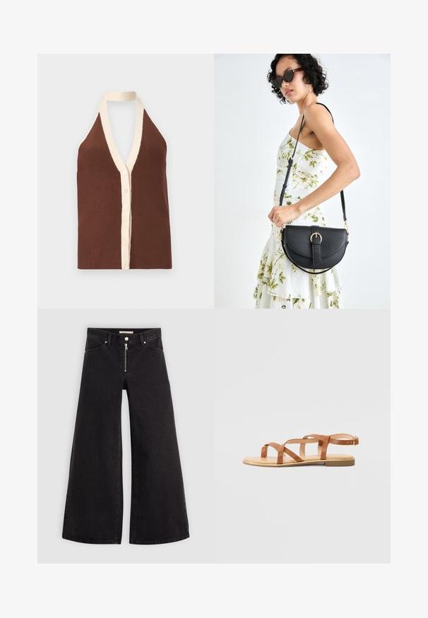 Top a halter a coste marrone con profondo scollo a V, bordi di colore crema e chiusura frontale con cinque bottoni. Tessuto morbido.; Jeans a gamba larga in denim nero con chiusura a zip, design a cinque tasche e dettagli di cucitura sottili. Texture morbida e stile casual.; Sandalo in pelle color cuoio con più cinghie incrociate, punta aperta, suola piatta e cinturino alla caviglia regolabile con una piccola fibbia in metallo.; Borsa a tracolla nera in pelle con una forma curva, manico rimovibile e accessori dorati. La borsa presenta una patta con un dettaglio a fibbia.