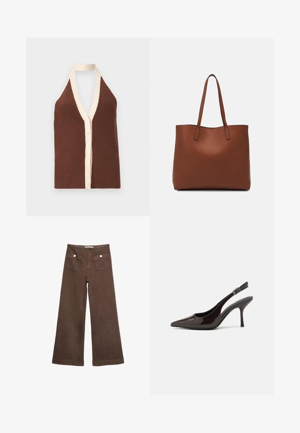 Brauner, gerippter Haltertop mit tiefem V-Ausschnitt, cremefarbenem Saum und einer Knopfleiste mit fünf Knöpfen. Weiche Textur.; Braune weit geschnittene Hosen aus Baumwolle, mit zwei Fronttaschen mit silbernen Knöpfen und einer glatten Textur.; Slingback-Pumps aus glänzendem dunklen braunen Lackleder, mit spitzer Zehenpartie, offenen Seiten und verstellbarem Knöchelriemen.; Braune Leder-Tote mit glatter Textur, offenem Oberteil und zwei Schulterriemen. Verfügt über minimale Nähte und keine sichtbaren Beschläge.