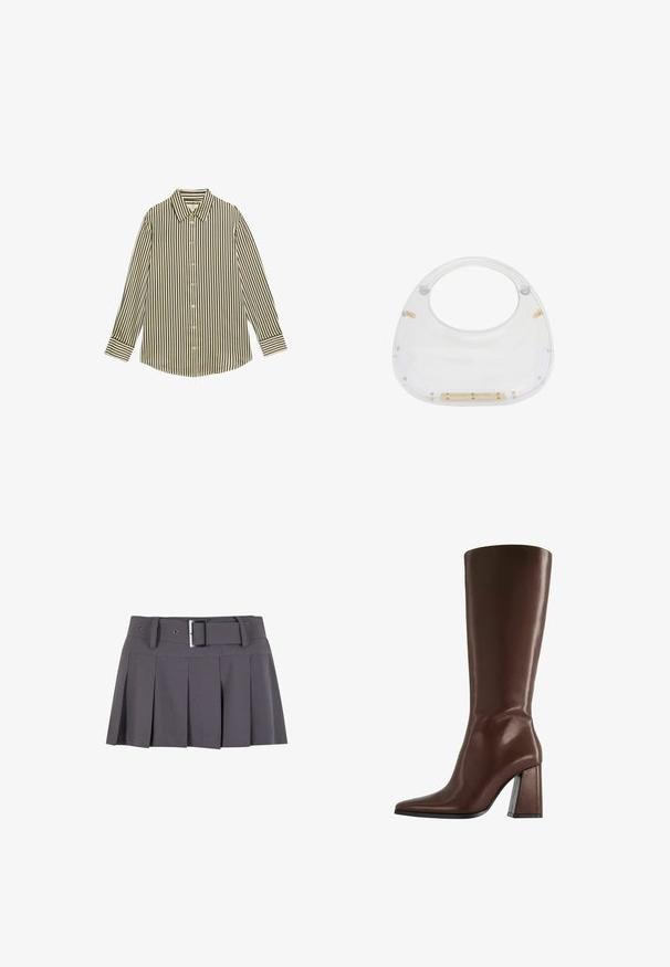 Košile s knoflíky s vertikálními černobílými pruhy, klasickým límečkem a dlouhými rukávy s knoflíkovými manžetami a zaobleným lemem.; Šedá skládací mini sukně s hladkou texturou, která má široký pas, poutka na pásek a obdélníkovou stříbrnou sponu.; Hnědá kožená vysoká bota po kolena s hrotitou špičkou a robustním středně vysokým podpatkem, zobrazena z profilu na bílém pozadí.; Průhledná akrylová taška s zaobleným vrškem a otevřenou rukojetí. Obsahuje zlaté kovové detaily a hladký, lesklý povrch.