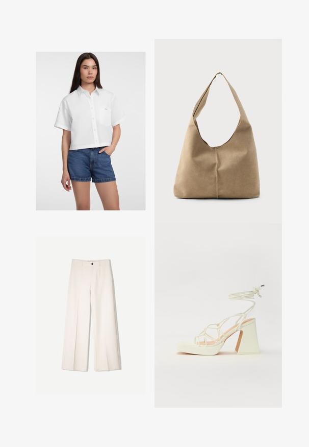 Hvid, cropped skjorte med knapper og korte ærmer, der har en lomme på venstre bryst og en glat tekstur. Sammen med denim shorts.; Cremefarvede bukser med bred benvidde og skræddersyet design, der har to forlommer og en enkelt frontknaplukning, lavet af et glat stof.; Hvide højhælede sandaler med en kraftig hæl, der har et stropdesign og ankelbinding. Glat tekstur med en platform foran for ekstra højde.; Hobo taske i blød beige ruskind med en afslappet form, bred skulderrem og håndsyet sømdetalje langs fronten.