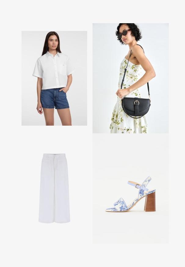 Valge lühikeste varrukatega nööbitav särk, millel on vasakul rinnatasku ja sile tekstuur. Sobitatud teksashortsidega.; Valged laiad püksid sujuva tekstuuriga, millel on kaks esistaskut ja nööbilukk, on loodud mugava sobivuse jaoks.; Sinine lillemustriga sandaal ruudukujulise varbaga, laia riba ja reguleeritava pahkluu rihmaga, millel on tekstuuriga puidust plokk-kann.; Mustmust mustraha kõverate joontega, eemaldatava rihmaga ja kuldsete detailidega. Kotil on klapp, millel on pandladetail.