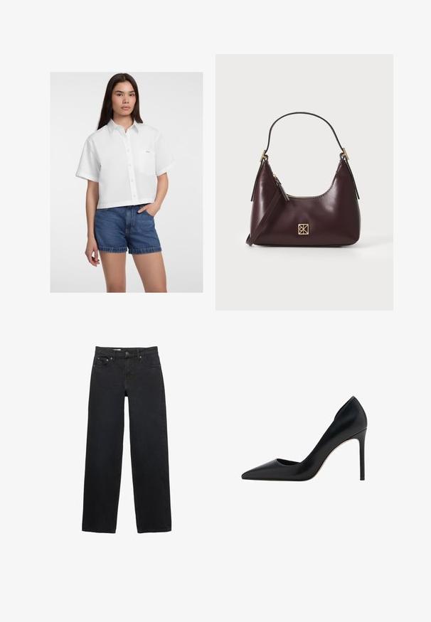 Valkoinen cropped-nappipaita lyhyillä hihoilla, jossa on vasemmalla puolella rintatasku ja sileä pinta. Yhdistetty farkkuhousuihin.; Mustat leveät farkut denimistä, joissa on viisi taskua, nappikiinnitys, hillitty ompelu ja suora leikkaus vyötäröstä helmaan.; Mango Korolliset avokkaat - black; Burgundy nahkakäsilaukku, jossa on kaareva muoto, kultaiset yksityiskohdat metalliosissa ja vetoketjukuclosure. Varustettu irrotettavalla olkahihnalla.