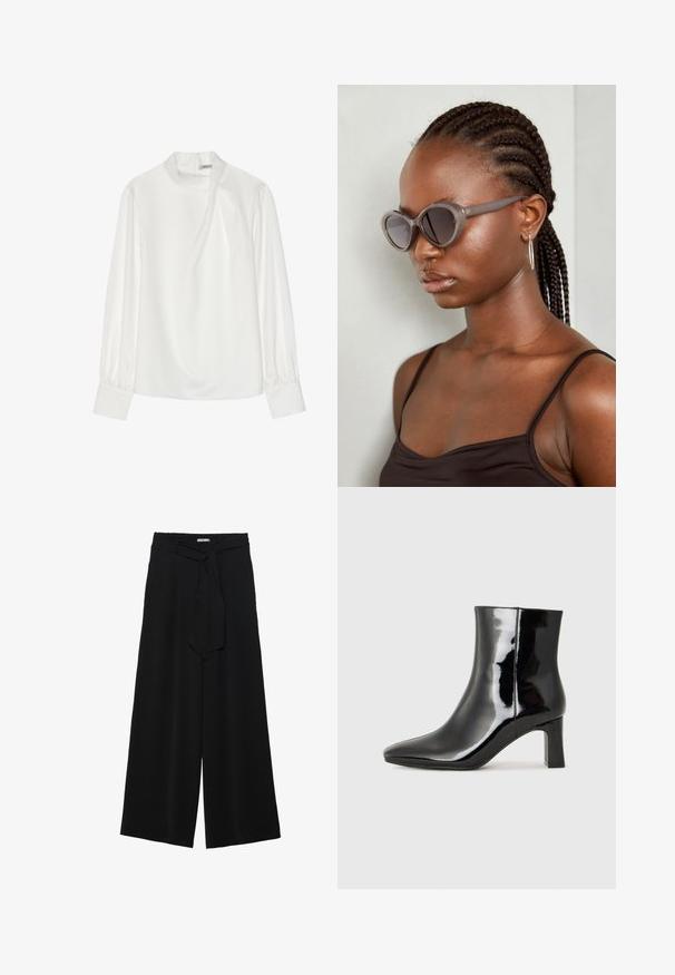 Valge pluus kõrge kaelusega, pikkade puhvseelikutega ja selja küljes lukuga. Sile kangas kerge läike ja pehme langusega.; Mustad laiad püksid, millel on tekstureeritud kangas, elastne vöökoht ja eemaldatav pael vööst, et reguleerida sobivust.; Must-sinine nahkjalats musta läikiva viimistlusega, millel on terav nina ja keskmise kõrgusega plokk konts. Sile tekstuur ja minimalistik disain.; Hallid ova päikeseprillid ümmarguse kujuga ja tumedate läätsega. Sujuva viimistlusega läikiv plastraam. Mudelil on põimitud juuksed.