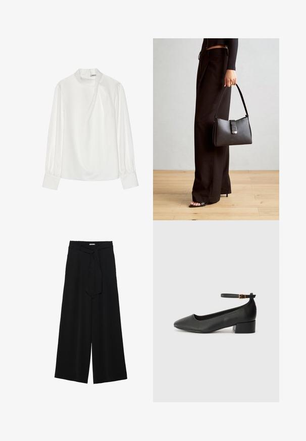 Witte blouse met een hoge halslijn, lange pofmouwen en een ritssluiting aan de achterkant. Glad stof met een lichte glans en subtiele val.; Zwarte wijde broek van textuurstof, met een elastische tailleband en een afneembare sjaalstrik in de taille voor een verstelbare pasvorm.; Zwarte leren pump met een spitse neus en een lage blokhak. Beschikt over een enkelband met een goudkleurige gespsluiting. Gladde textuur.; Zwarte handtas met gestructureerde vorm, gladde textuur en een metalen sluiting. Gecombineerd met brede zwarte broeken en sandalen met open teen op een houten vloer.