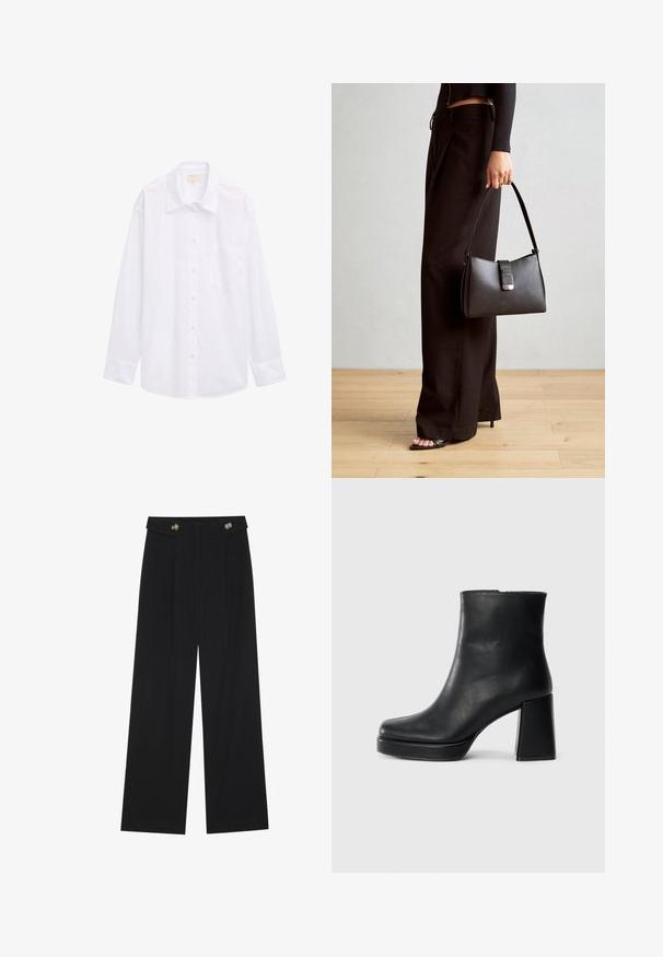 Witte langemouwen shirt van katoen, met een knoopsluiting aan de voorkant, een kraag en een enkele borstzak. Glad, eenvoudig textuur.; Zwarte wijde broek met hoge taille, knoopdetails op de tailleband en plooien aan de voorkant.; Zwarte leren enkelboot met een blokhak en platformzool, zijaanzicht op een effen witte achtergrond.; Zwarte handtas met gestructureerde vorm, gladde textuur en een metalen sluiting. Gecombineerd met brede zwarte broeken en sandalen met open teen op een houten vloer.