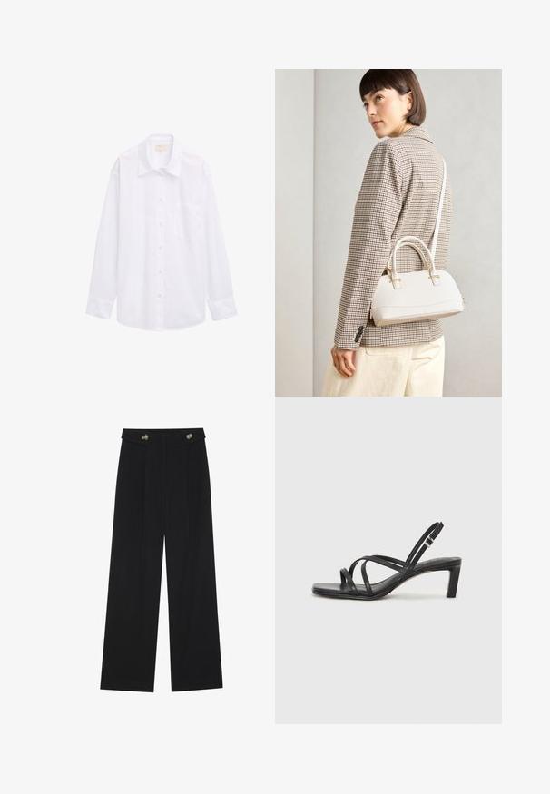 Weißes langärmliges Hemd aus Baumwolle mit Knopfverschluss, Kragen und einer einzelnen Brusttasche. Glatte, einheitliche Textur.; Schwarze weite Hosen mit hoher Taille, Knopfdetails am Bund und vorderen Falten.; Schwarze Sandale mit Riemchen, quadratischer Zehenform und niedrigem Blockabsatz. Verfügt über mehrere dünne Riemen und einen verstellbaren Knöchelriemen. Hergestellt aus glattem Leder.; Weiße strukturierte Handtasche mit kurzen Griffen und einem Schultergurt, ausgestattet mit goldfarbenen Hardware-Elementen und strukturiertem Material, vor einem grauen Hintergrund präsentiert.