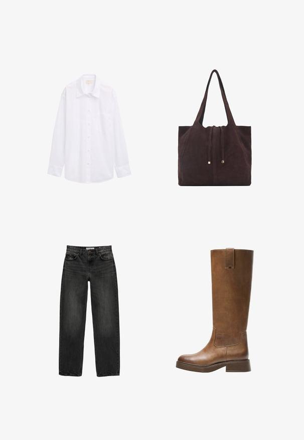 Hvid langærmet skjorte lavet af bomuld, med knaplukning foran, krave og en enkelt brystsæk. Glat, ensartet tekstur.; Sort denim jeans med en afslappet pasform, lige ben, fem-lomme design og en let falmet tekstur. Knap- og lynlåslukning foran.; Brune læderknæhøje støvler med rund tå, struktureret overflade og en stabelt lav hæl. Har en sidepanel og en løftestrop øverst.; Mango Shopping bags - dark brown