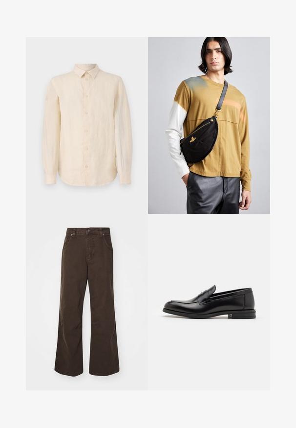 Hosszú ujjú ing világos bézs lenből, gombos elöl, klasszikus gallérral és ívelt hem véggel. Sima textúra, tiszta befejezéssel.; Barna, bő szárú nadrág, pamutból készült, magas derékkal, elülső zsebekkel és sima textúrával. A kivitelezés finom varrási részleteket tartalmaz.; Fekete bőr loaferek sima textúrával, kerek orral és dekoratív pánttal a vampnál. Alacsony, rétegelt sarkú, minimalista dizájn.; Vivienne Westwood CITY BUMBAG UNISEX - Övtáska - black