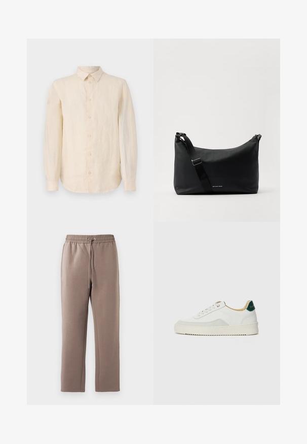Dlouhý rukáv košile z jasného béžového lnu, s knoflíkovým zapínáním vpředu, klasickým límcem a zaobleným lemem. Hladká textura s ostrým povrchem.; Hnědé, středně vysoké tepláky vyrobené z měkké látky, s elastickým pasem na šňůrku, bočními kapsami a rovnými nohavicemi.; Bílé tenisky se semišovými prvky, kulatou špičkou, plochými tkaničkami a krémovou gumovou podrážkou. Na patě mají zelené logo.; Černá kožená taška přes rameno s hladkým povrchem, nastavitelného popruhem a stříbrnými doplňky. Vybavená decentním logem na přední straně.