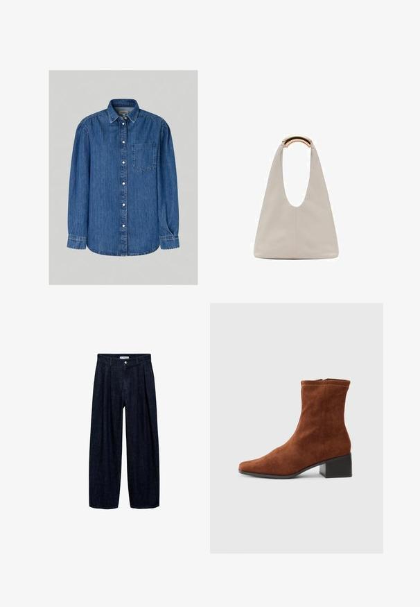 Camicia di denim, blu scuro, con bottoni davanti, maniche lunghe, tasca sul petto, texture morbida, colletto rotondo, dettagli di cucitura minimi.; Pantaloni wide-leg in denim scuro con pieghe in vita, dotati di un bottone frontale e passanti per cintura. Texture liscia e design a lunghezza completa.; Stivaletto in suede marrone con punta quadrata e tacco basso a blocco, chiusura laterale con zip, mostrato di profilo su uno sfondo bianco.; Borsa in pelle grigio chiaro con design a forma di U e manico metallico curvo. Texture liscia con cuciture minime e senza motivi visibili.