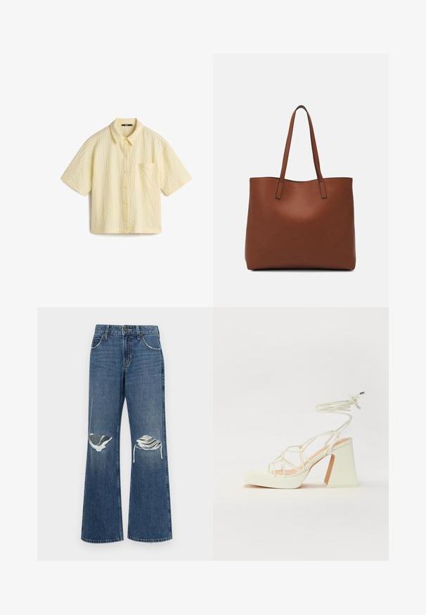 Kortärmad, knäppskjorta i ljusgul, med ett strukturerat tyg, en bröstficka och en något kortare design.; Jeans med vida ben i medelblått, med slitna knäskärningar, råa fållkanter och en klassisk femficksdesign med knapplås i metall.; Vit högklackad sandal med en kraftig klack, med ett remdesign och ankelband. Slät textur med en plattform framtill för ökad höjd.; Brun läder tote-väska med en slät textur, öppen toppdesign och två axelremmar. Har minimal söm och ingen synlig metalldetalj.