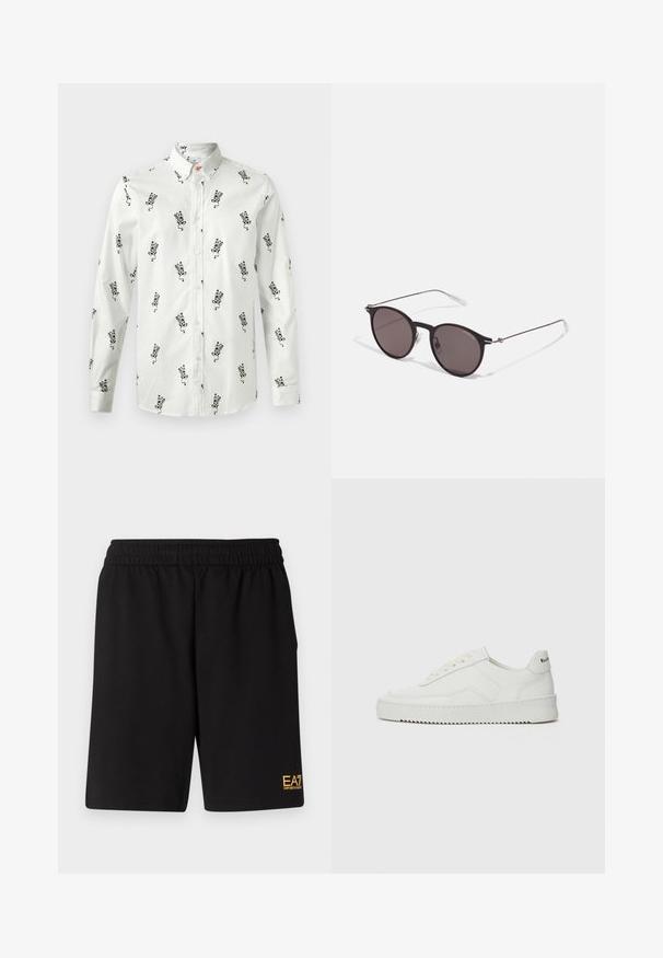 Fehér gombos ing fekete virágmintával, hosszú ujjakkal és gombos gallérral. Simás anyag relaxált szabással. Diszkrét narancssárga kiegészítő gombbal rendelkezik.; Fekete pamut póló, kerek nyakkal, rövid ujjakkal, rajta fehér "EMPORIO ARMANI" logó, a "Milano" felirattal ívelt formában.; Fekete sportnadrág puha anyagból, rugalmas derékkal és egy kis sárga EA7 logóval a bal alsó lábszáron.; Fehér bőr sportcipő sima felülettel, kerek orral, lapos fűzőkkel és texturált talppal. Finom logó található a sarokon.; Fekete kerek napszemüveg sötét lencsékkel és karcsú fém szárakkal. Átlátszó szárvégeket és ezüst részleteket tartalmaz az ívnél. Minimalista dizájn.