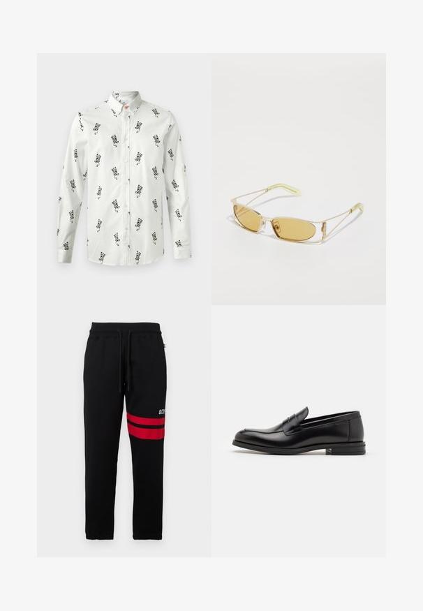 Fehér gombos ing fekete virágmintával, hosszú ujjakkal és gombos gallérral. Simás anyag relaxált szabással. Diszkrét narancssárga kiegészítő gombbal rendelkezik.; Fekete melegítőnadrág kontrasztos piros csíkokkal és logóval az oldalon. Rugalmas derékpánttal és kötőfűzővel, valamint szűkülő bokarészekkel rendelkezik.; Fekete bőr loaferek sima textúrával, kerek orral és dekoratív pánttal a vampnál. Alacsony, rétegelt sarkú, minimalista dizájn.; Sárgás árnyalatú napszemüveg áttetsző arany kerettel, vékony téglalap alakú, szögletes karokkal, amelyek világoszöld részletekkel rendelkeznek.