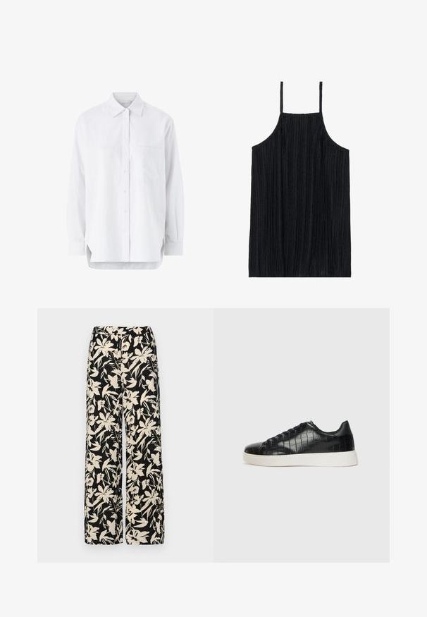 Witte lange mouwen knoopsluiting shirt, gemaakt van lichtgewicht materiaal, met een kraag, een borstzak en zijsplitten aan de onderkant voor meer bewegingsvrijheid.; Zwarte mouwloze top met verticale ribbeltextuur, dunne verstelbare bandjes en een relaxte pasvorm. De stof lijkt zacht en licht van gewicht.; Zwarte wijde broek met een crèmekleurig bloemenpatroon. Gemaakt van lichtgewicht stof, met een zachte textuur en een hoge tailleband.; Zwarte sneakers met een gestructureerde leren bovenkant met krokodilpatroon, een ronde neus en een contrasterende witte rubberen zool met een gladde afwerking.