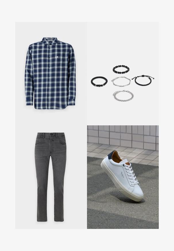 Camicia a maniche lunghe a scacchi blu e bianchi, in cotone, con un piccolo etichetta logo sul lato sinistro del petto. Design del colletto classico.; Jeans in denim grigio con gamba dritta, cinque tasche e chiusura con zip frontale. Presentano una leggera scoloritura e cuciture a contrasto.; Sneaker bianca in pelle con tallone blu, punta rotonda e accenti marroni a contrasto. Presenta lacci piatti e suola in gomma testurizzata.; Cinque braccialetti: due braccialetti con perline nere, un cordino nero texturizzato, una catena argentata e un cordino nero intrecciato con chiusura regolabile.