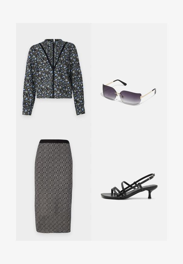 Mustikka kukallinen pusero, jossa on vaaleansinisiä ja vihreitä kuvioita, pitkät hihat, korkea kaulus ja keski-aukko pitsiyksityiskohdilla.; ONLY ONLBECKI BODYTOP - Pitkähihainen paita - black; Harmaa ja valkoinen kuviollinen kynähame, jossa on teksturoitu kangas, ribbireunalla ja geometrisella suunnittelulla läpi hameen.; Musta korkeakorkoiset sandaalit, joissa on useita ristikko-nauhoja. Sileä materiaali, teräväkärkinen malli ja kapea korko. Säädettävä nilkkahihna soljella.; Aurinkolasit, joissa on harmaan sävyttävä linssi, kultainen metallirunko ja mustat muoviyksityiskohdat. Yksilölliset perhosenkoukkutyyppiset linssit, joissa on ohuet varret.; Kultaketjut kullasta, joissa on sileä, kiiltävä pinta. Pyöreä muotoilu, jossa on pieni tappi ja kirkas taustalevy turvalliseen käyttöön.