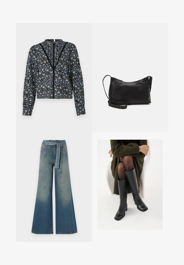 Melna ziedu blūze ar gaiši zilu un zaļu rakstu, garām piedurknēm, augstu kaklu un centrālo aizdari ar mežģīņu detaļām.; Platām kājām džinsu bikses ar gaismas līdz tumši zilam gradientam, augstu jostas līniju, jostas cilpām un atbilstošu auduma jostu. Tekstūrēts džinsas apdare.; Ceļgalu augstuma melni ādas zābaki ar kvadrātu purngalu un bloku papēdi, attēloti modelī, kurš sēž olīvu zaļā mētelī. Gluda tekstūra, minimāla apdare.; Melna ādas plecu soma ar gludu tekstūru, izliekta forma, regulējama siksna un rāvējslēdzēja aizdare. Minimālistisks dizains bez rotājumiem.