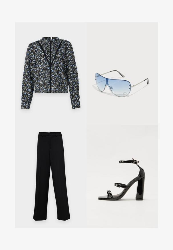 Čierna kvetinová blúzka s bledomodrými a zelenými vzormi, dlhými rukávmi, vysokým výstrihom a centrálnym zapínaním s čipkovaným detailom.; Čierne široké nohavice vyrobené z hladkej látky, s klasickým pásom a zapínaním na gombík, a prednými skladmi.; Čierne lakované sandále na podpätku so štvorcovou špičkou, navlečenými remienkami okolo členku a striebornými prackami. Disponujú masívnym blokovým podpätkom pre stabilitu.; Pilotné slnečné okuliare s prechodovým modrým sklom, strieborným kovovým rámom a ozdobnými hviezdičkovými akcentmi na sklách. Hladký a elegantný dizajn.