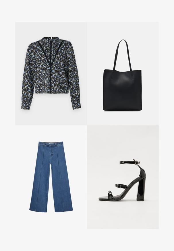 Schwarze Bluse mit floralen Mustern in Hellblau und Grün, langen Ärmeln, hohem Kragen und einer zentralen Öffnung mit Spitzenverzierungen.; Weite Jeans aus Denim in Mittelblau, mit hoher Taille, Knopfverschluss und kontrastierenden vertikalen Nahtdetails an der Vorderseite.; Schwarze patentierte Sandalen mit Absatz, quadratischer Spitze, Knöchelriemen und silbernen Schnallen. Mit einem stabilen Blockabsatz für mehr Stabilität.; Schwarze Laptoptasche aus Leder mit glatter Textur, rechteckiger Form und zwei langen Griffen. Keine sichtbaren Beschläge oder Verzierungen.