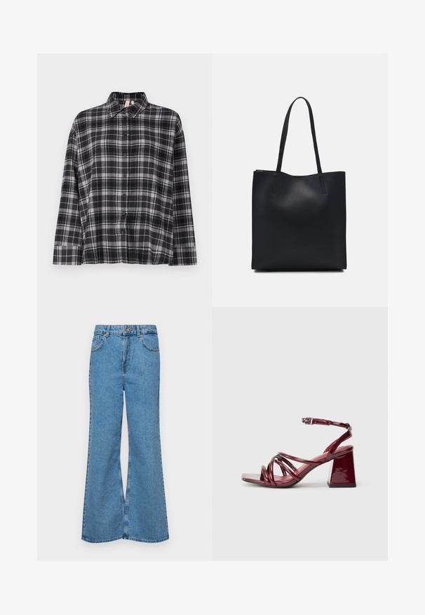 Black and gray plaid button-up shirt with a collar, long sleeves, and a relaxed fit. Fabric appears soft with a slight texture.; Light blue flared jeans made of denim, featuring a high waist, five pockets, and a single button closure. Soft texture with faded finish.; Patent burgundy heeled sandals with a square toe, featuring multiple intertwined straps and a chunky block heel. Adjustable ankle strap.; Black leather tote bag with smooth texture, rectangular shape, and two long handles. No visible hardware or embellishments.