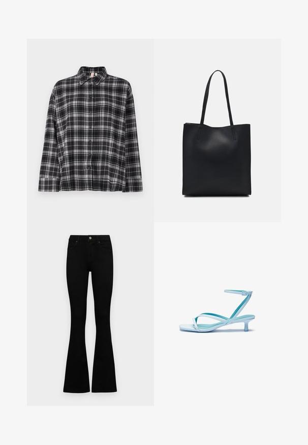 Svart og grå rutete skjorte med krage, lange ermer og avslappet passform. Stoffet ser mykt ut med en lett tekstur.; Sorte høytlivsjeans med knapp og glidelås, frontlommer og utsvingte bein liggende flatt på en hvit bakgrunn.; Lys blå sandaler med stroppene, firkantet tå, lav hæl, justerbar ankelrem og glatt, blank overflate. Kryssete stropper på fotsengen.; Svart lær tote bag med glatt tekstur, rektangulær form og to lange håndtak. Ingen synlige deler eller dekorasjoner.