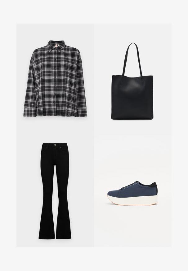 Mustvalge ja halli ruudulise mustriga nööpidega särk, millel on krae, pikad varrukad ja lõdva istuvus. Kangas näeb välja pehme ning kergelt tekstuuriga.; Mustad kõrge vöökohtadega teksad, millel on nööp ja lukuga sulgemine, esikäe taskud ja laienevad sääred, asetatud tasasele valgele taustale.; Tumedat sinised tennised tekstureeritud riidest pealispinnaga, valge platvormi tallaga, ümarate varvaste ja musta kontsapaneeliga. Omab kuut silma paelte jaoks.; Mustast nahast kott sujuva tekstuuriga, ristkülikukujuline ja kahe pika sangaga. Pole nähtavat riistvara ega kaunistusi.