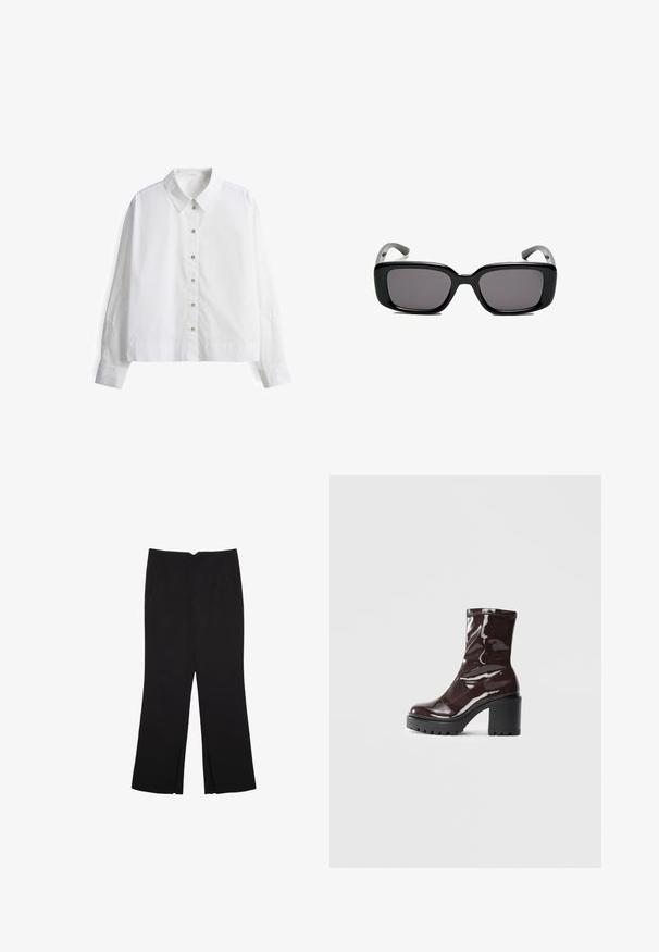 White button-up shirt with long sleeves, featuring an embroidered design on the sleeves and a classic collar. Made from lightweight fabric.; Black trousers with a straight fit, featuring front pockets and side slits at the hem. Made of soft, smooth fabric. Suitable for various occasions.; Glossy burgundy ankle boot with a chunky black heel, featuring a smooth texture and simple design. No visible fastenings or patterns.; Black rectangular sunglasses with dark lenses, smooth plastic frame, and curved temples. The design is chunky with a minimalist aesthetic.