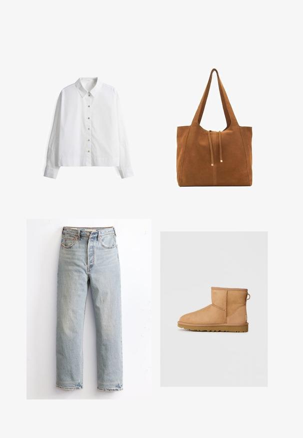 White button-up shirt with long sleeves, featuring an embroidered design on the sleeves and a classic collar. Made from lightweight fabric.; Light blue denim jeans with a straight leg design, featuring distressed hem, copper rivets, and a classic five-pocket style.; Tan suede ankle boot with round toe, stitched detailing, pull tab on back, and a textured rubber sole. Designed for comfort and warmth.; Brown suede tote bag with two long straps, drawstring closure, and minimalistic design. Smooth texture and no visible hardware accents.