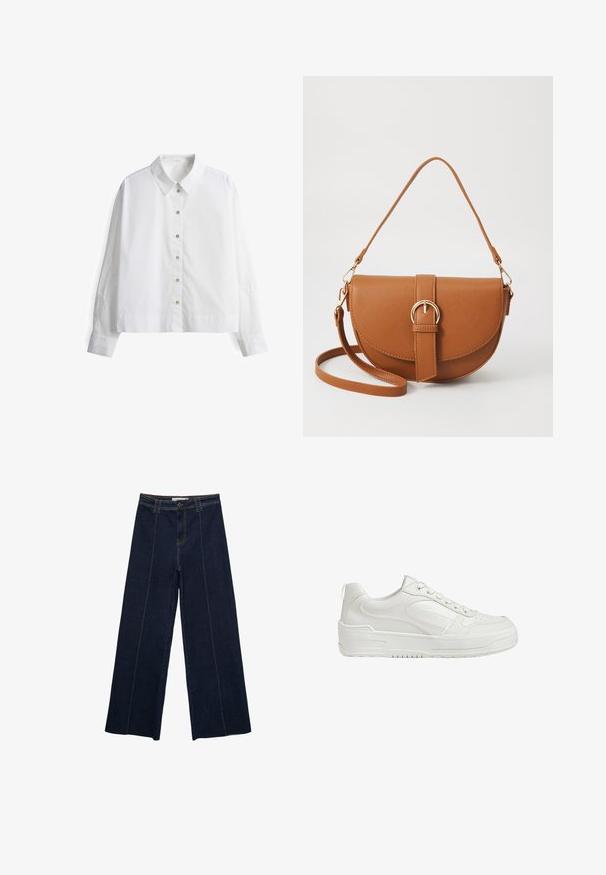 White button-up shirt with long sleeves, featuring an embroidered design on the sleeves and a classic collar. Made from lightweight fabric.; Wide-leg dark denim trousers with contrast stitching, high waist, and a straight cut. Features front pockets and a classic button closure.; White leather sneakers with smooth texture, padded ankle, and perforated toe. Features a slightly elevated rubber sole and lace-up design.; Brown leather crossbody bag with a curved shape, gold hardware, and a buckle accent. Features a detachable shoulder strap.