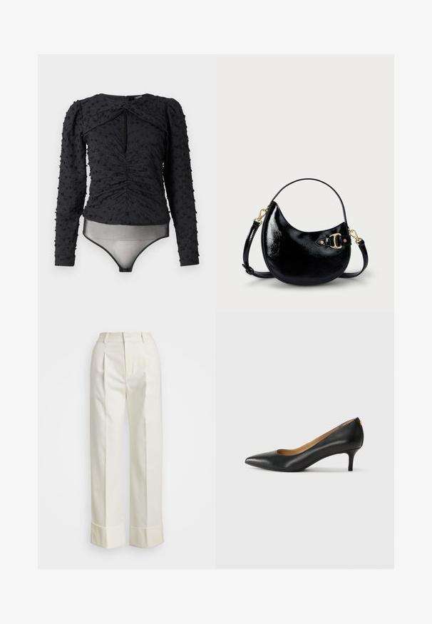 Hofmann Copenhagen EXCLUSIVE ALEXANDRA - Palaidinė - black; Baltos pritaikytos kelnės su aukštu liemeniu, dvigubomis priekinėmis raukšlėmis ir plačiomis kojomis su sulenktais kraštais. Pagamintos iš glotnaus, tekstūruoto audinio.; Juodos odinės aukštakulnės bateliai su smailiu nosiu, žemu kulnu ir lygiu paviršiumi. Priekyje yra nedidelis atvirumas, o gale minimalus apdaila.; Juodas patentuotas odinis rankinukas su išlenkta forma, reguliuojamu diržu ir auksinių tonų detale šone. Lygus, blizgus paviršius.