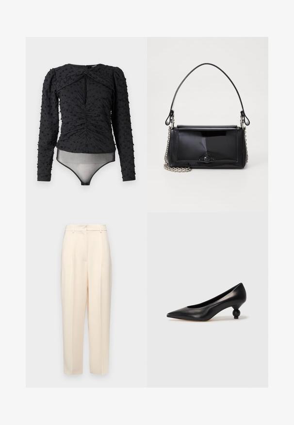 Hofmann Copenhagen EXCLUSIVE ALEXANDRA - Pusero - black; Beige housut, jotka on muotoiltu suoraan, edessä on laskoksia, sileä pinta ja keskikorkea vyötärö. Ei näkyviä taskuja.; Musta nahkakengät korkealla korolla, joissa on terävä kärki ja pyöreä, pallomainen korko. Sileä pinta ja tyylikäs, minimalistinen muotoilu.; Musta lakattu nahkalaukku suorakaiteen muotoisena, ketjuhihnalla ja erottuvalla varustusesineellä keskellä. Siveltimellinen pinta.