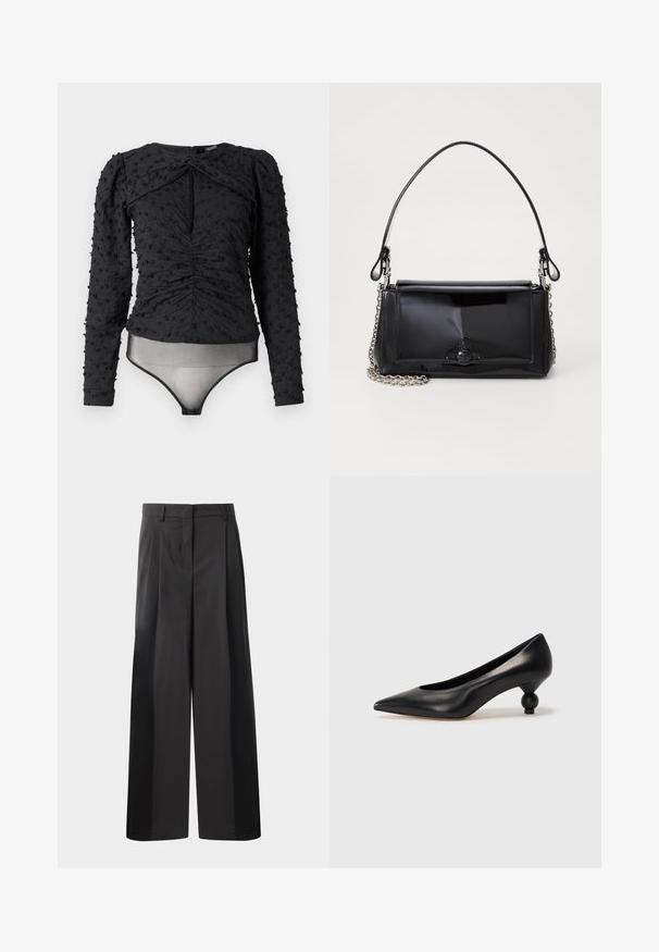 Hofmann Copenhagen EXCLUSIVE ALEXANDRA - Camicetta - black; Pantaloni neri a gamba larga con vita alta, caratterizzati da pieghe frontali, una texture liscia e una finitura sartoriale. Progettati per un fit rilassato.; Scarpa con tacco alto in pelle nera, con punta affilata e tacco arrotondato e bombato. Texture liscia con un design elegante e minimalista.; Borsa a tracolla in vernice nera con forma rettangolare, tracolla a catena e un distintivo accessorio in metallo al centro. Texture liscia.