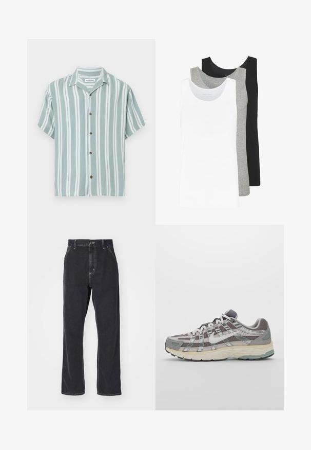 Košile s krátkým rukávem, s vertikálními zelenými a bílými pruhy, vyrobená z lehkého materiálu. Má volný střih a hnědé knoflíky.; Tři tílka v bílé, šedé a černé barvě. Každé má klasický bezrukávový design, je vyrobeno z lehkého bavlněného materiálu s žebrovanou texturou.; Černé džínové kalhoty se středním střihem nohavic, se zipem v rozkroku, pěti kapsami a kontrastním prošíváním podél švů.; Šedá sportovní obuv s vrchní částí z mikrovlákna a semiše, bílými akcenty, polstrovanou podrážkou a jedinečným designem s reflexními prvky.