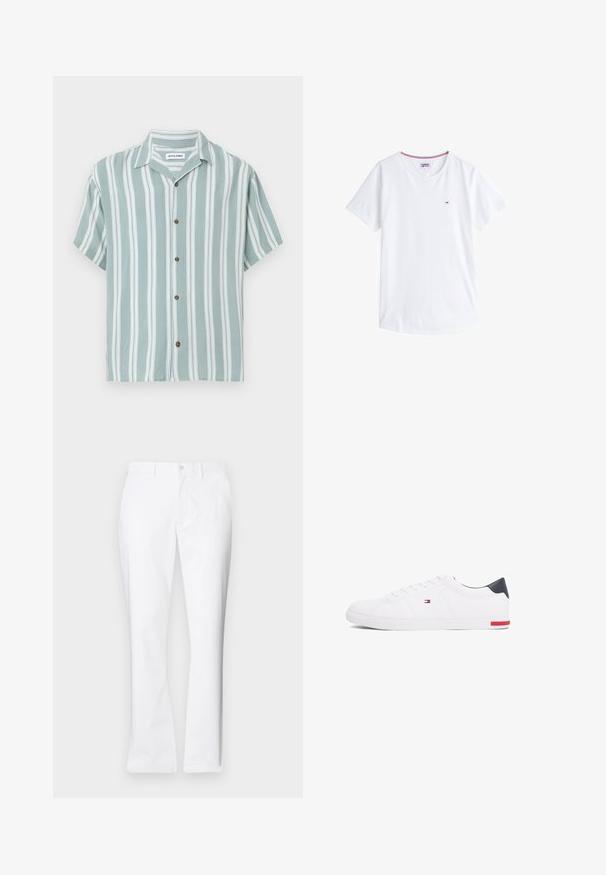 Chemise à manches courtes avec des rayures verticales vertes et blanches, fabriquée en tissu léger. Elle présente une coupe décontractée et des boutons marron.; T-shirt en coton blanc avec un col rond, des manches courtes et un petit logo brodé sur la poitrine gauche. Présente des bordures de couleur contrastée au niveau du col.; Pantalon en coton blanc avec un design à jambes droites, poches avant, fermeture à un bouton et texture lisse.; Baskets basses blanches en cuir lisse. Dotées d'un talon en bleu marine et d'un accent rouge sur la semelle. Six œillets pour les lacets.