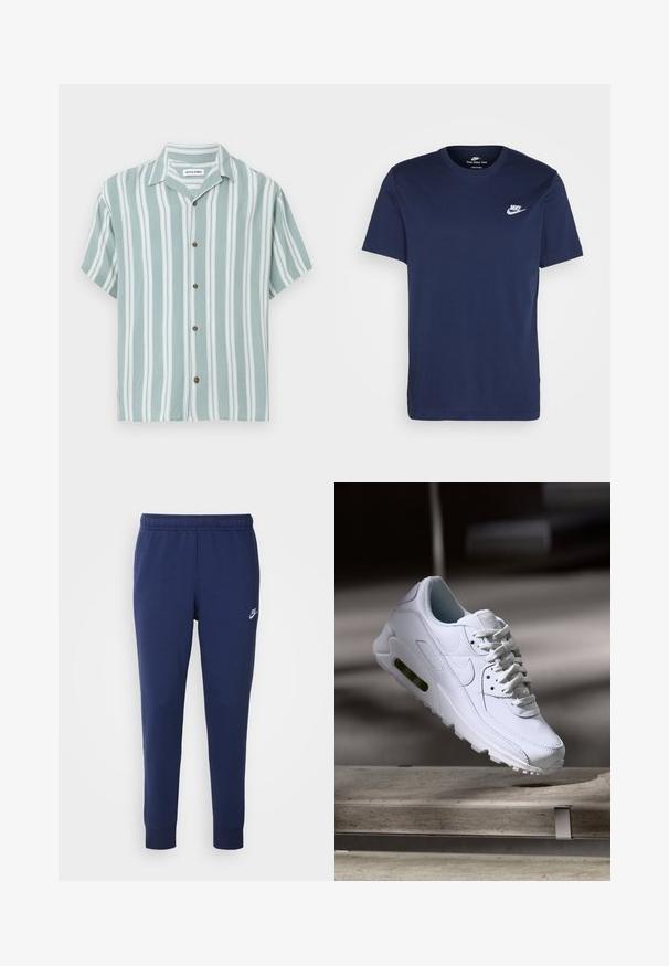 Camicia a maniche corte con strisce verticali verdi e bianche, realizzata in tessuto leggero. Presenta una vestibilità rilassata e bottoni marroni.; T-shirt in cotone blu navy con colletto tondo e maniche corte. Presenta un logo Nike bianco sul petto a sinistra e un orlo dritto.; Pantaloni da tuta Nike blu navy realizzati in un morbido misto cotone, con vita elastica, gambe affusolate e un piccolo logo bianco sul lato.; Sneaker bianco in pelle con superfici texture, collo imbottito e ammortizzazione d'aria visibile nella suola. Presenta lacci e un design minimalista.