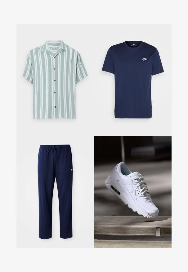 Chemise à manches courtes avec des rayures verticales vertes et blanches, fabriquée en tissu léger. Elle présente une coupe décontractée et des boutons marron.; T-shirt en coton bleu marine avec un col rond et des manches courtes. Présente un logo Nike blanc sur la poitrine à gauche et un ourlet droit.; Pantalons de jogging légers bleu marine en tissu mélangé coton. Dotés d'une taille élastique avec cordon de serrage et d'un petit logo sur le côté gauche.; Baskets blanches en cuir avec des surfaces texturées, un col rembourré et un amorti d'air visible dans la semelle. Elles possèdent des lacets et un design minimaliste.