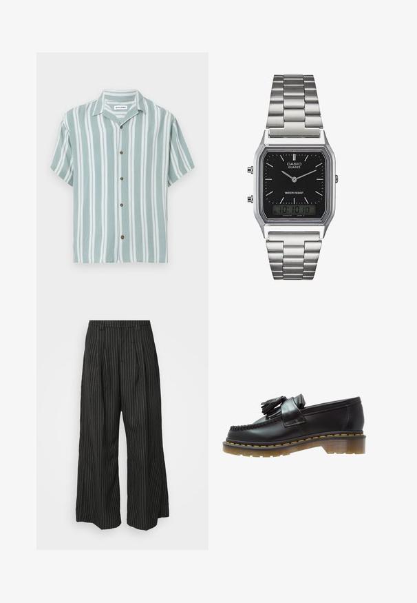 Koszula z krótkim rękawem w zielono-białe pionowe paski, wykonana z lekkiego materiału. Posiada luźny krój i brązowe guziki.; Czarne spodnie w szerokie nogawki w paski, z zakładkami, charakteryzujące się dopasowanym krojem i miękką teksturą. Brak widocznych metalowych elementów lub akcentów.; Czarne skórzane mokasyny o teksturowanym wykończeniu, z dekoracyjnym frędzlem i kontrastującym żółtym przeszyciem, na solidnej, przezroczystej podeszwie.; Srebrny zegarek kwarcowy ze stali nierdzewnej z czarną prostokątną tarczą, wyposażony w analogowe wskazówki, wyświetlacz cyfrowy oraz oznaczenie odporności na wodę.