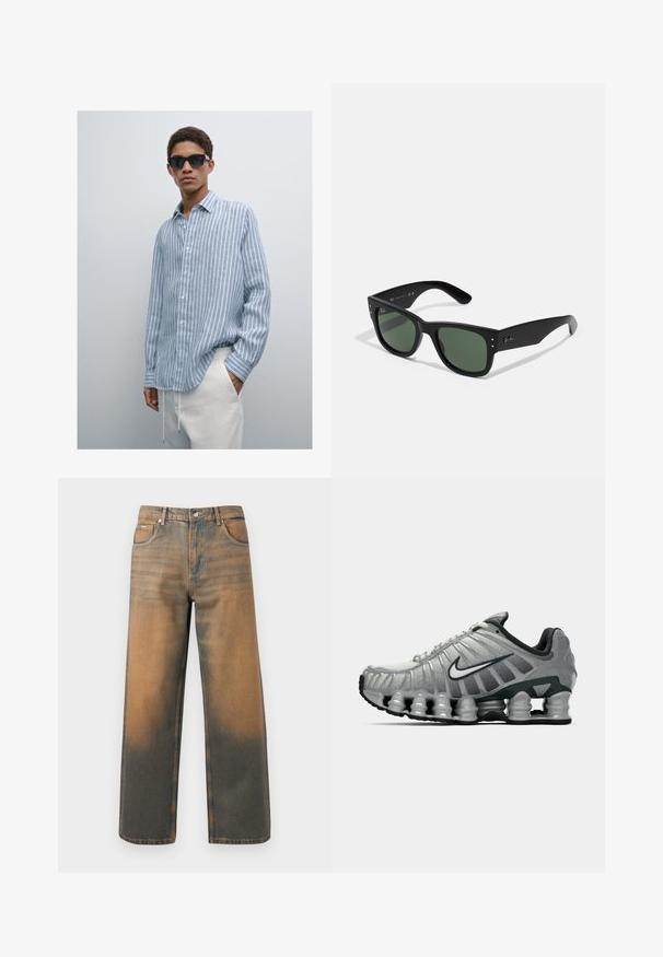 Jasnoniebieska koszula w paski z lekkiego materiału, zapinana na guziki, z kołnierzykiem, długimi rękawami, noszona z kremowymi spodniami. Czarne okulary przeciwsłoneczne.; Biały bawełniany top na ramiączkach z okrągłym dekoltem, szerokimi ramiączkami i prostym dołem, charakteryzujący się gładką teksturą i brakiem widocznych wzorów.; Jeansy o szerokich nogawkach w przetartym niebieskim i brązowym denimp. Posiadają wysoki stan, przednie kieszenie oraz klasyczne zapięcie na guzik z metalowymi akcentami.; Szare i czarne buty biegowe Nike z widocznym, sprężystym tłumieniem pod podeszwą oraz białym logo swoosh po boku.; Czarne prostokątne okulary przeciwsłoneczne z zielonymi soczewkami, matowe wykończenie, subtelne akcenty metalowe i wytłoczone logo na zauszniku.; Trzy bandany: jedna żółta z czarnymi wzorami, jedna biała z czarnymi grafikami, a jedna czarna z białymi grafikami. Wszystkie są kwadratowe, wykonane z lekkiego materiału.