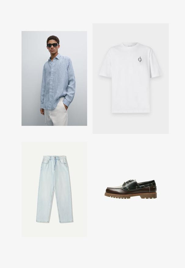 Lysblå stribet skjorte i let stof, med knaplukning og krave, lange ærmer, båret med kridhvide bukser. Sorte solbriller.; Hvid bomulds t-shirt med en afslappet pasform, der har et lille sort grafisk logo på venstre brystområde. Korte ærmer, rund halsstil.; Lys blå denim jeans med en afslappet pasform, lige ben design, fem-lomme stil og subtil falmning på stoffet.; Brun og sort læder bådsko med snørebånd, kontrastsyning og en struktureret gummisål. Har metalhuller og rundet tå.