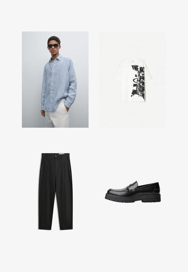 Camicia a righe blu chiaro in tessuto leggero, con bottoni, colletto e maniche lunghe, indossata con pantaloni color crema. Occhiali da sole neri.; T-shirt bianco in cotone con vestibilità comoda, caratterizzato da un bold testo grafico nero che copre la parte anteriore. Maniche corte e scollatura a girocollo.; Pantaloni in cotone neri con una vestibilità rilassata, dotati di una vita classica, pieghe frontali e tasche laterali. Tessuto liscio senza fantasie.; Mocassino in pelle nera con suola spessa e tassellata e fascia decorativa sulla parte superiore, mostrato in profilo sinistro su sfondo bianco.