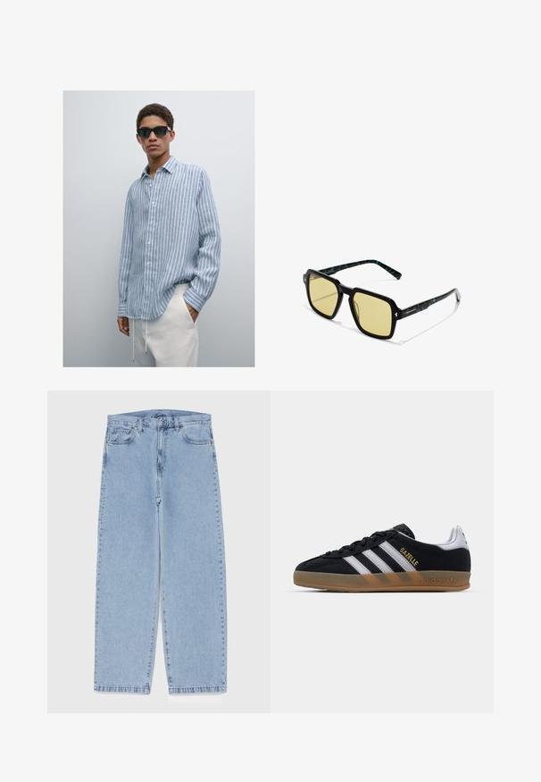 Lysblå stribet skjorte i let stof, med knaplukning og krave, lange ærmer, båret med kridhvide bukser. Sorte solbriller.; Lyseblå denimjeans med straight leg-design, der har en mid-rise talje, fem lommer og en lukning med knap og lynlås.; Sorte ruskind sneakers med hvide striber, tan gummisål og guld "Gazelle" logo. Klassisk lavt design med en tekstureret overdel.; Firkantede solbriller med en tyk sort ramme, gule tonede linser og grønne mønstrede detaljer på stængerne. Har en blank finish.