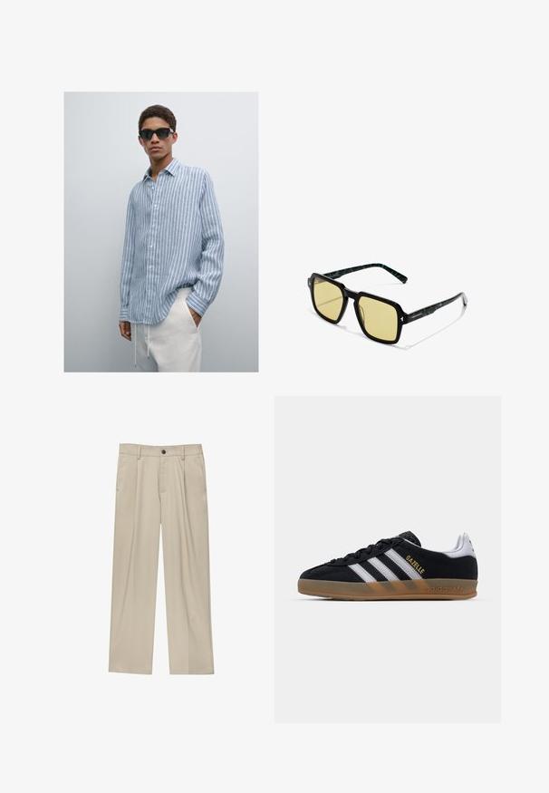 Lysblå stribet skjorte i let stof, med knaplukning og krave, lange ærmer, båret med kridhvide bukser. Sorte solbriller.; Beige bukser med lige snit, der har en enkelt sort knap, bæltestropper og sidelommer. Glat stoftekstur og minimalistisk design.; Sorte ruskind sneakers med hvide striber, tan gummisål og guld "Gazelle" logo. Klassisk lavt design med en tekstureret overdel.; Firkantede solbriller med en tyk sort ramme, gule tonede linser og grønne mønstrede detaljer på stængerne. Har en blank finish.; Digital Casio-ur med rustfrit stålrem. Sort urskive viser tid og dag, har knapper på siden og er vandtæt.
