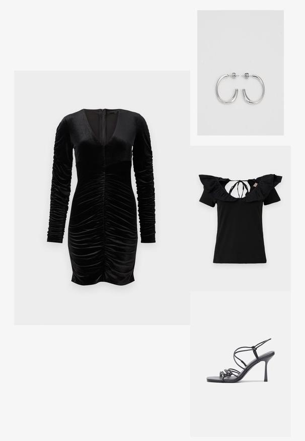 Czarny T-shirt z krótkimi rękawami, z szerokim falbankowym dekoltem i wiązaniami z tyłu. Gładka tekstura, klasyczny krój i minimalistyczny design.; Czarna aksamitna sukienka z długimi bufkowymi rękawami, głębokim dekoltem w serek oraz marszczeniami z przodu. Zamek błyskawiczny z tyłu. Gładka faktura.; Czarne sandały na wysokim obcasie mają cienkie paski z węzłowym wzorem, gładki, kwadratowy czubek i smukły obcas w stylu szpilki.; Jasnoszara metaliczna torebka na łańcuszku, ozdobiona małymi okrągłymi metalowymi ćwiekami oraz trójkątnym logo marki.; Srebrne kolczyki na biglu o gładkim, błyszczącym wykończeniu. O zaokrąglonym kształcie, lekkim designie, z zamknięciem na zatrzask.