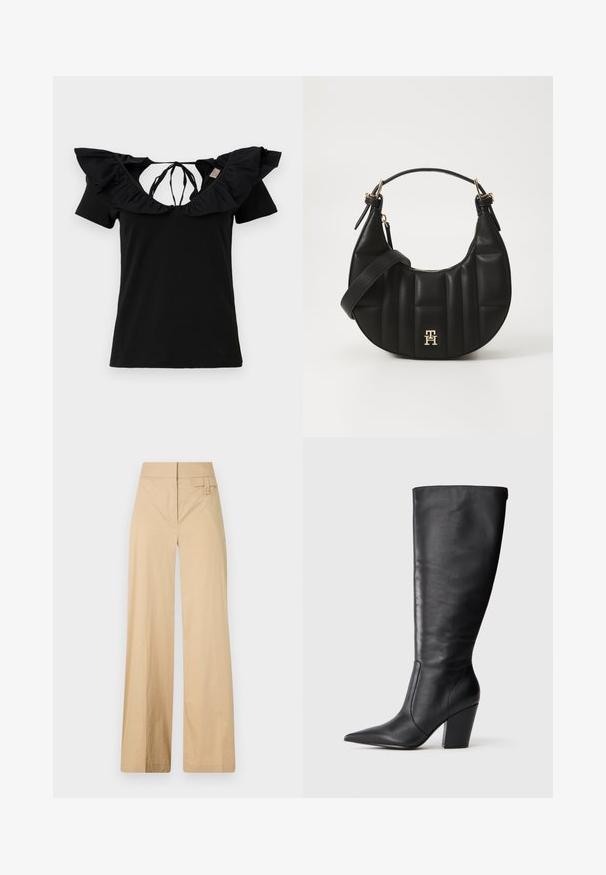Svart t-skjorte med korte ermer, med en bred volanghals og bånd bak. Glatt tekstur, klassisk passform og minimalistisk design.; Beige vidje bukser laget av bomullsblandingsmateriale. Har en jevn tekstur, elastisk midjebånd og en sideknappdetalj.; Svart knelange lærstøvlett med spiss tå og kraftig høy hæl, vist i venstre profil på hvit bakgrunn.; Svart skinnhåndveske med en buet form, kviltet tekstur og gullhardware. Har en avtagbar skulderrem og logo-detaljer.