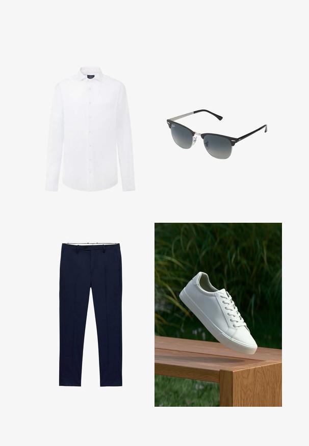 Biela košeľa s dlhým rukávom vyrobená z bavlny, s golierom na gombíky, prednými gombíkmi a jemným logom na hrudi. Hladká textúra.; Námornícke modré nohavice so slim fit strihom a prúžkovaným vzorom. Obsahujú zips, pútká na opasok a predné vrecká. Hladká textúra látky.; Biele šnurovacie tenisky sa vznášajú nad drevenou lavicou so zeleným porastom v pozadí, predvádzajúc design a textúru topánok.; Čierne a strieborné slnečné okuliare v tvare mačacích očí so stupňovými šošovkami a kovovými akcentmi na ráme. Plastové nožičky s šedými koncami.