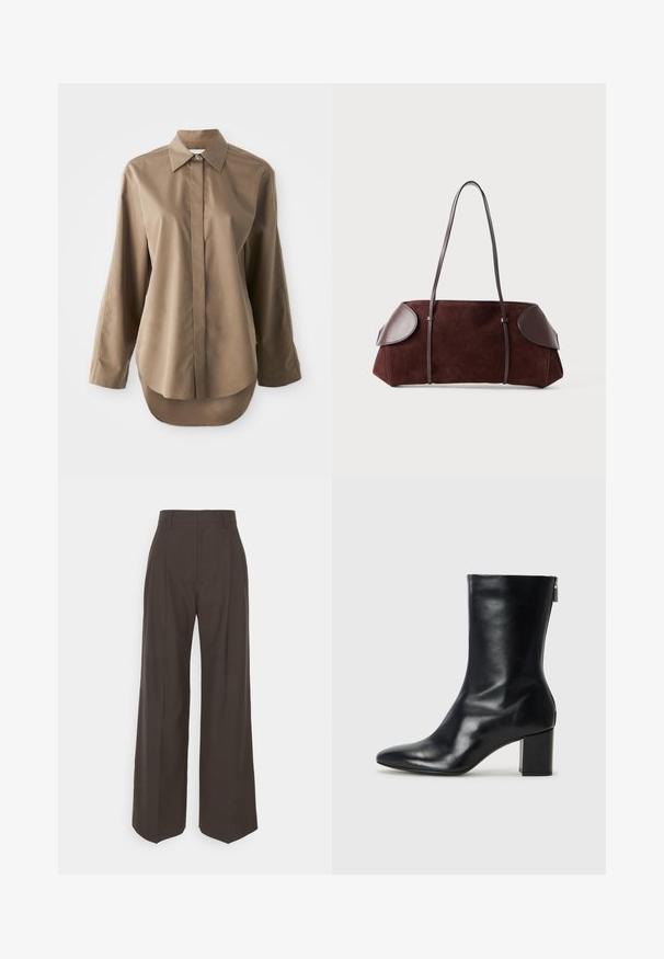 Brązowa koszula z długim rękawem, wykonana z gładkiego materiału, z ostro zakończonym kołnierzykiem, zapięciem na guziki z przodu oraz zaokrąglonym tyłem.; Ciemnobrązowe spodnie z szerokimi nogawkami i wysokim stanem, wyróżniające się starannie wyprasowanymi zagnieceniami, gładką fakturą i dopasowanym krojem.; Czarne skórzane botki za kostkę z wydłużonym noskiem i 4-centymetrowym słupkowym obcasem. Smukły design z bocznym zamkiem ułatwiającym zakładanie. Gładka tekstura.; Brązowa torba z zamszu z skórzanymi akcentami, o ustrukturalizowanym kształcie, z podwójnymi ramiączkami i zaokrąglonymi krawędziami, charakteryzująca się gładką fakturą i minimalną ilością elementów metalowych.