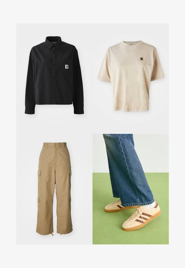 Chemise noire à manches longues avec un motif gaufré, fermeture éclair à boutons, col et poche poitrine avec un patch logo.; T-shirt en coton beige avec une coupe décontractée, un col ras du cou, des manches courtes et une petite étiquette carrée avec logo sur la zone gauche de la poitrine.; Pantalons cargo beiges à taille haute, jambes larges et quatre grandes poches latérales. Fabriqués en tissu durable avec une texture lisse et peu de détails.; Baskets beiges avec des panneaux crémeux texturés et des rayures brunes, accompagnées d'un jean en denim bleu. Le jean a une coupe large et un ourlet effiloché.