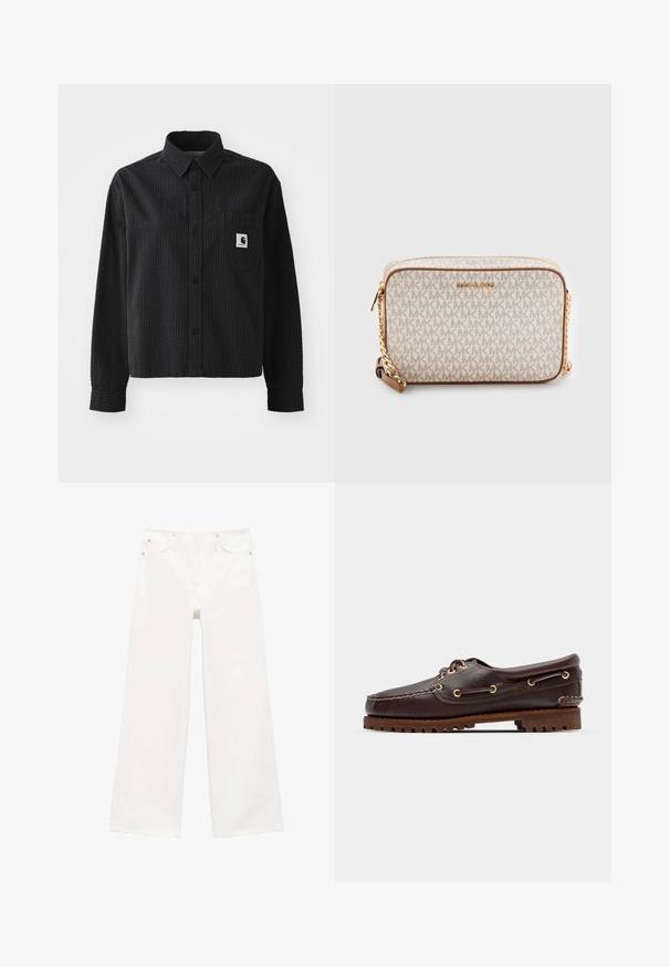 Svart långärmad skjorta med struktur i våffelmönster, knappstängning framtill, krage och en bröstficka med en logopatch.; Vita högmidjade vida jeans med framknapp och dragkedjestängning, två framfickor och bältesöglor.; Bruna lädersko med båtstil, guldögon, runda skosnören och en texturerad brun gummisula. Har sydda detaljer och en upphöjd logotyp.; Beige crossbody-väska tillverkad av kanvas med ett upprepande MK-logomönster, guldiga detaljer och ett kedjeryggsband. Har en dragkedjestängning och läderdetaljer.